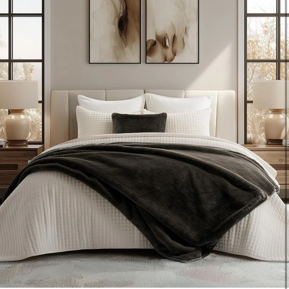 🆕 PB Style Dark Brown Faux Mink Rabbit Fur Throw Velvet Backing XL Quilt Bed